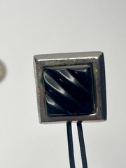 Vintage Carved Black Glass Faux Onyx Chunky Silver-Tone Kent Cufflinks