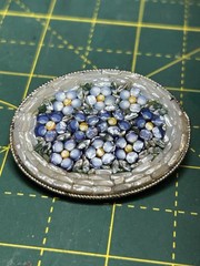 Vintage Italian Micro Mosaic Floral Brooch Blue White Flowers Mother of Pearl