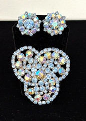VTG Silver ICE BLUE AB Rhinestone INTERLOCKING CIRCLES Pin Brooch Earrings Set
