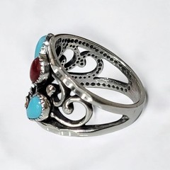 Wheeler MFG Sterling Silver Sleeping Turquoise Coral Diamond Cut Rose Leaf Ring