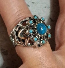 Vintage Coctail Ring Blue Cabachon Dome Dark Silver Tone Ornate Band Adjusts