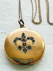 Antique W & H Co. Fleur De Lis Gold Filled Locket Pendant with Necklace Chain