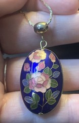 Cloisonné Pendant Floral Design 24 inch Gold Plated Chain Vintage Blue Pink