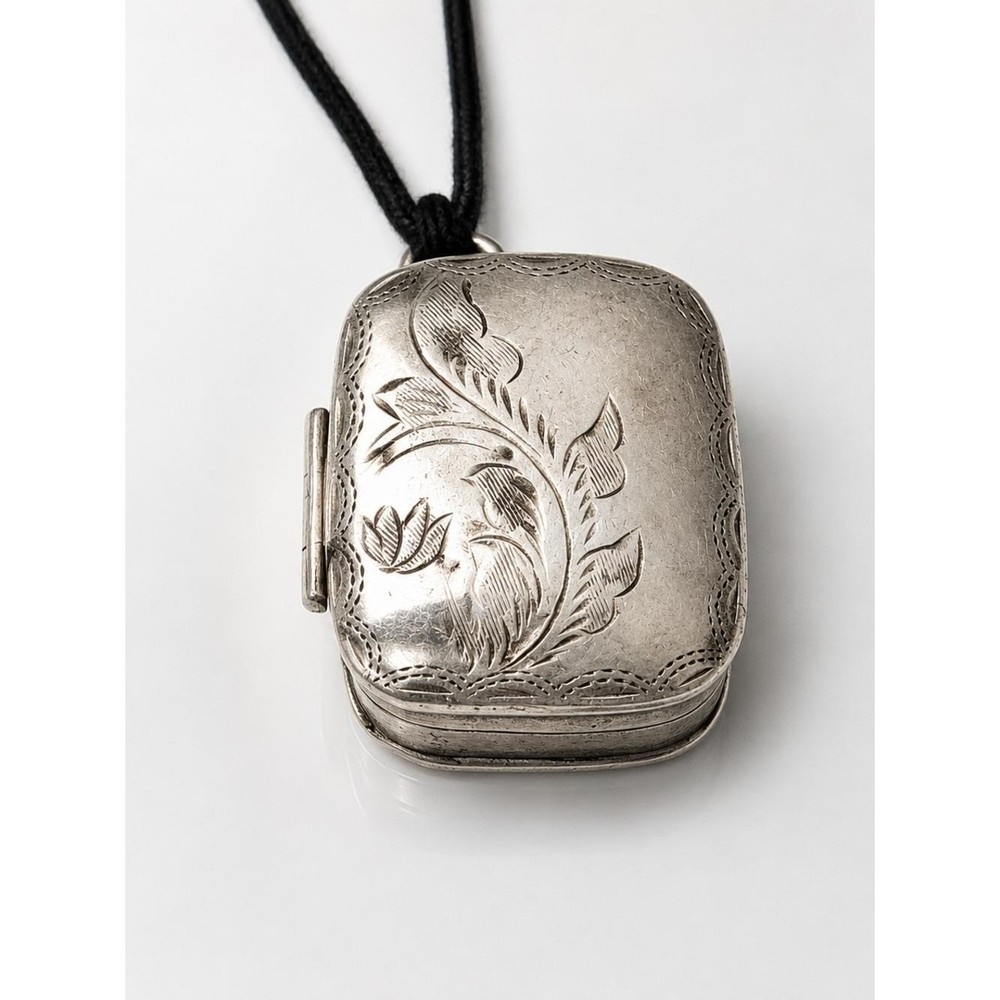 Antique Sterling Silver Pill Box Pendant Engraved Floral Keepsake Locket