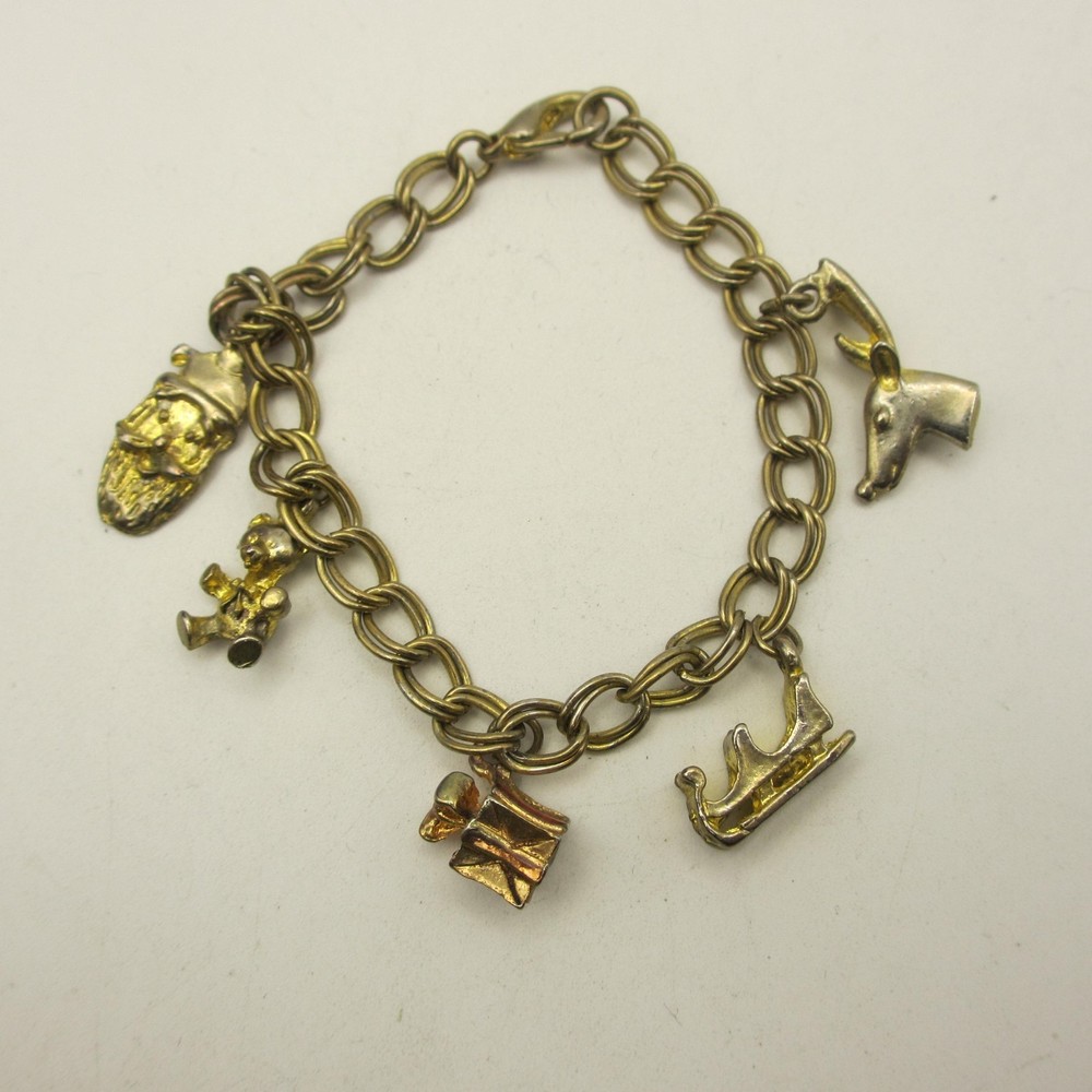 Vtg Christmas Charm Bracelet Santa Sleigh Reindeer Teddy Bear Present Gold Tone