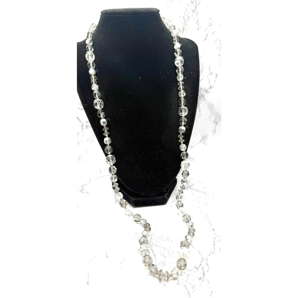 Vintage Smoky Gray White Faceted Glass Necklace 30″ Rhinestone Clasp