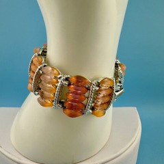 Vintage Bracelet Peach Pink Melon Frosted Lucite Thermoset Silver Tone Wide 6″