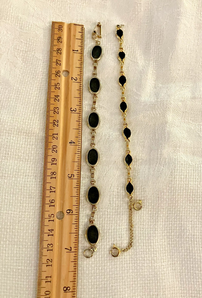 Vintage Mid Century Retro Black Onyx Style Bezel Link Bracelet Lot Pair Two PC