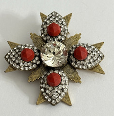 Vintage J. Crew Brooch Gold Tone Maltese Cross Brulee Crystal Clear Rhinestone