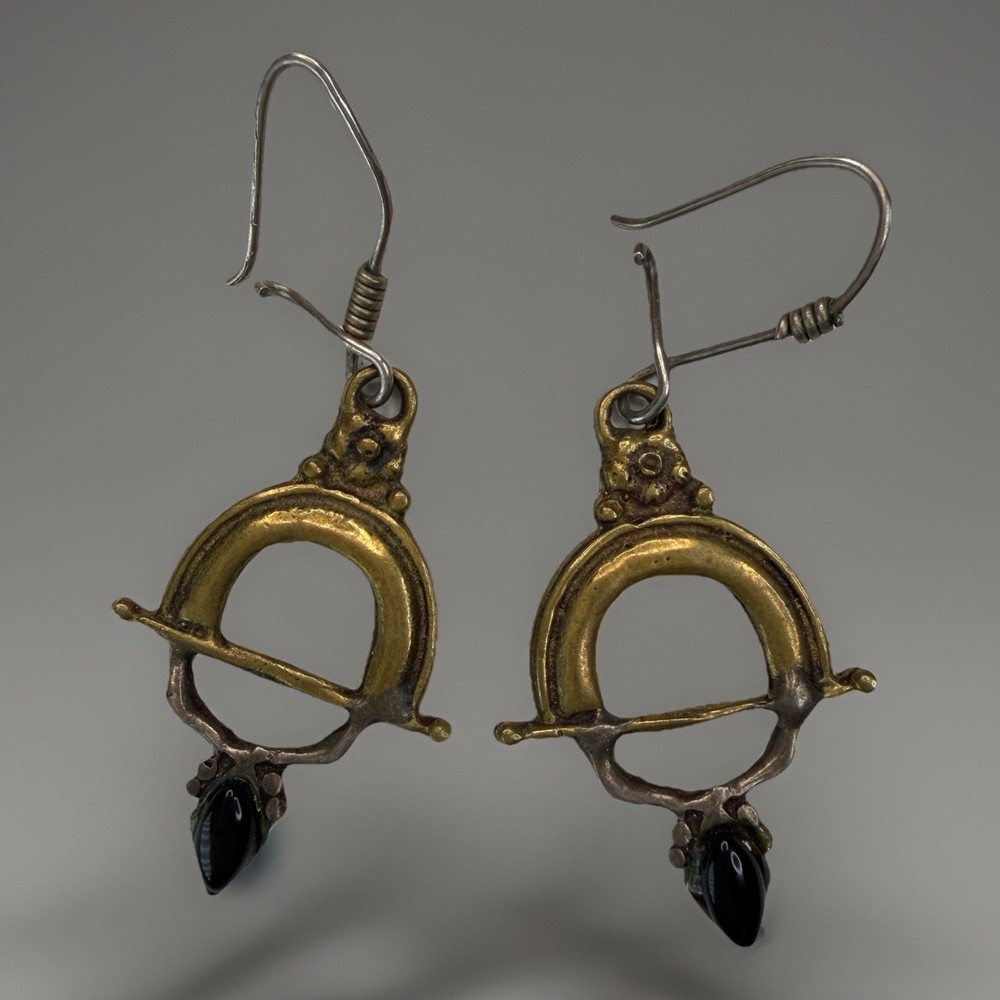 Vintage 925 Mixed Metal Onyx Dangle Earrings Brass Sterling Boho Brutalist