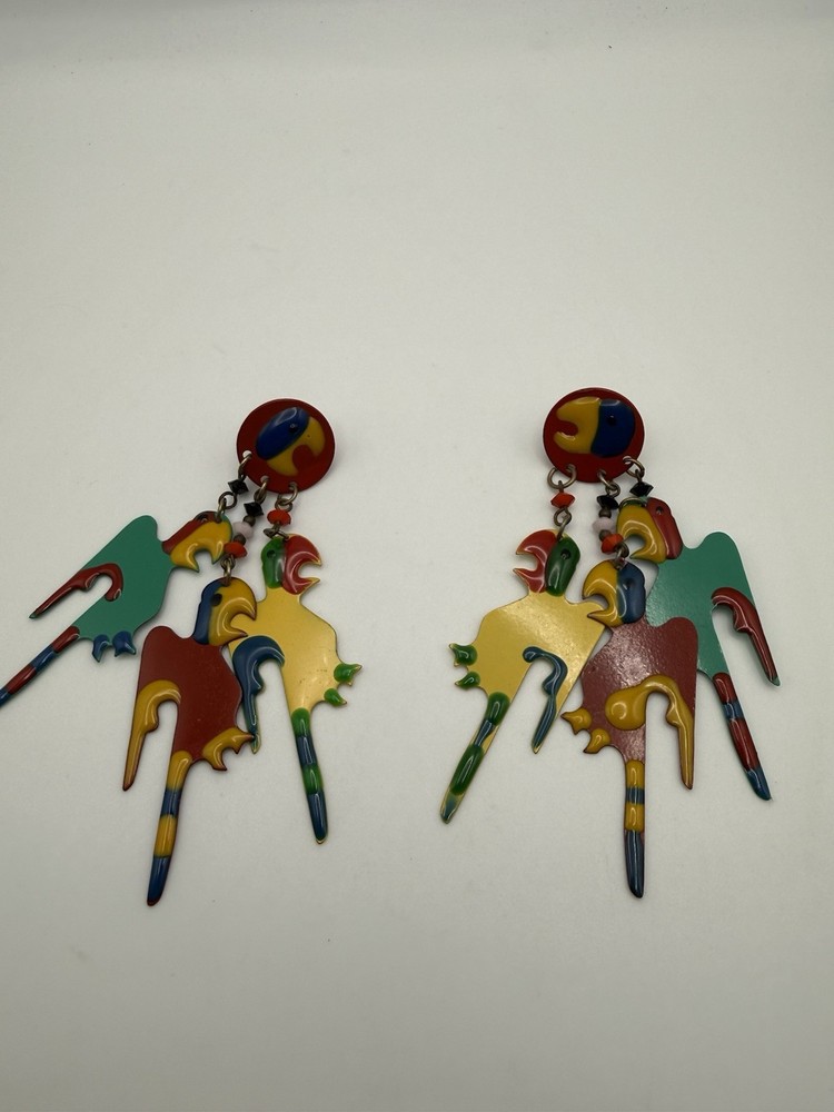 Vintage Dangle Enameled Parrot Earrings 4”