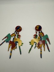 Vintage Dangle Enameled Parrot Earrings 4”