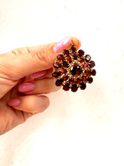 VICTORAN GENUINE RED ALMANDINE GARNET BROOCH PENDANT LRG MULTI TIERED HEART STN