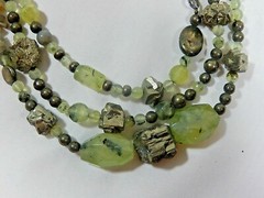 MASSIVE VTG STERLING SILVER RARE 3 STRAND NATURAL PREHNITE AND PYRITE NECKLACE