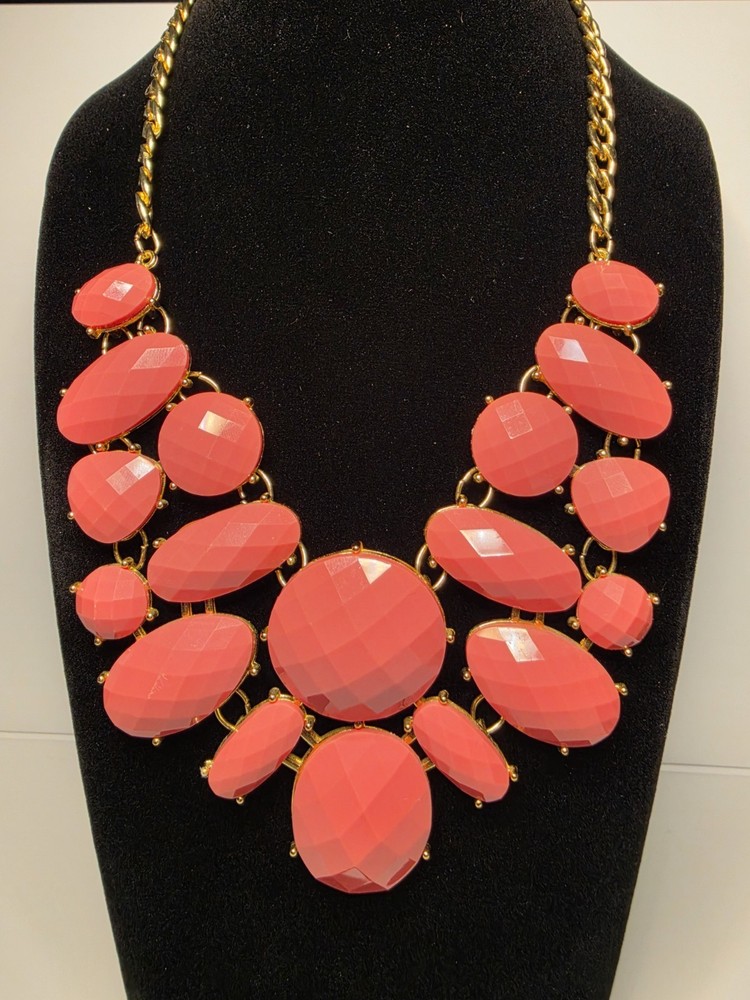 Orange Faceted Lucite & Gold Tone Metal Bib Statement Necklace 17″