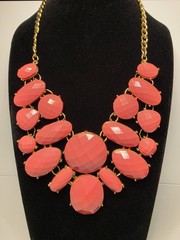 Orange Faceted Lucite & Gold Tone Metal Bib Statement Necklace 17″
