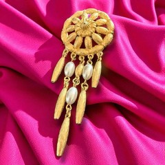 Faux Pearl Waterfall Brooch Gold Tone Dangle Statement Pin Vintage Tona