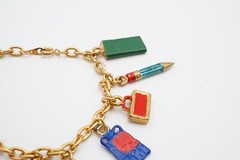 Vintage Charm Bracelet Gold Tone Enamel School Teacher 6.75″