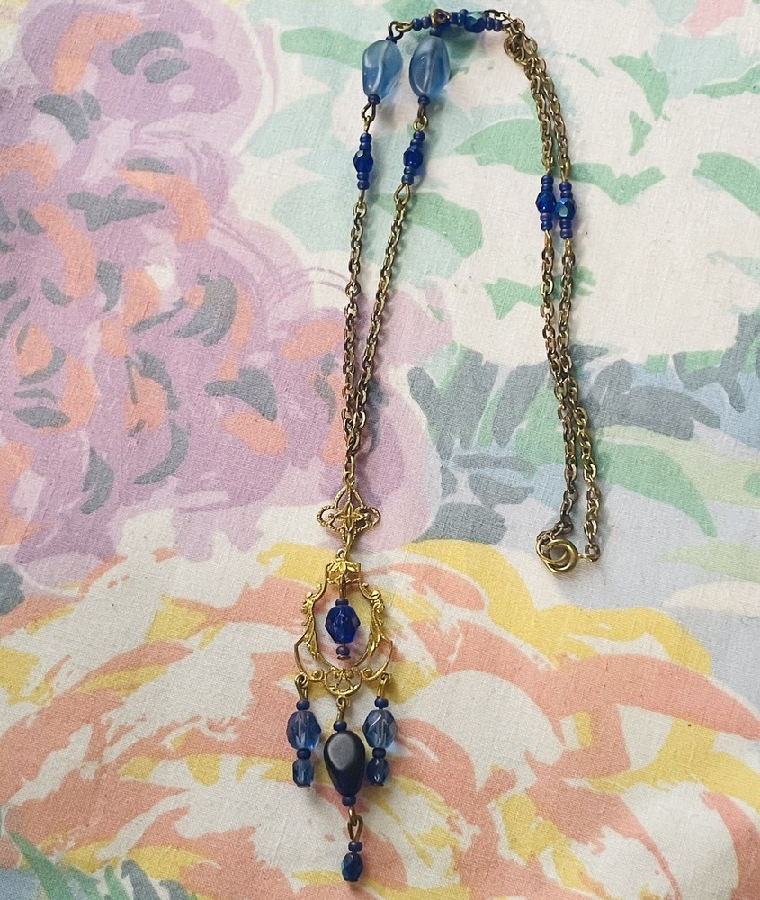 Vintage Dark Blue Glass Necklace Gold Tone Filigree Art Nouveau Look