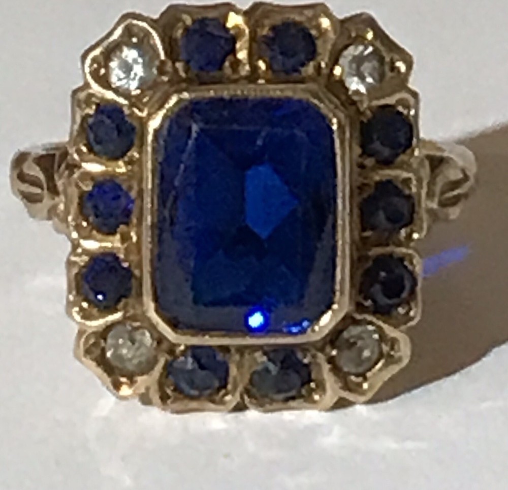 ANTIQUE 10K GOLD FAUX FACETED SAPPHIRE & PASTE STONES RING SIZE 6*