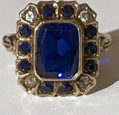 ANTIQUE 10K GOLD FAUX FACETED SAPPHIRE & PASTE STONES RING SIZE 6*