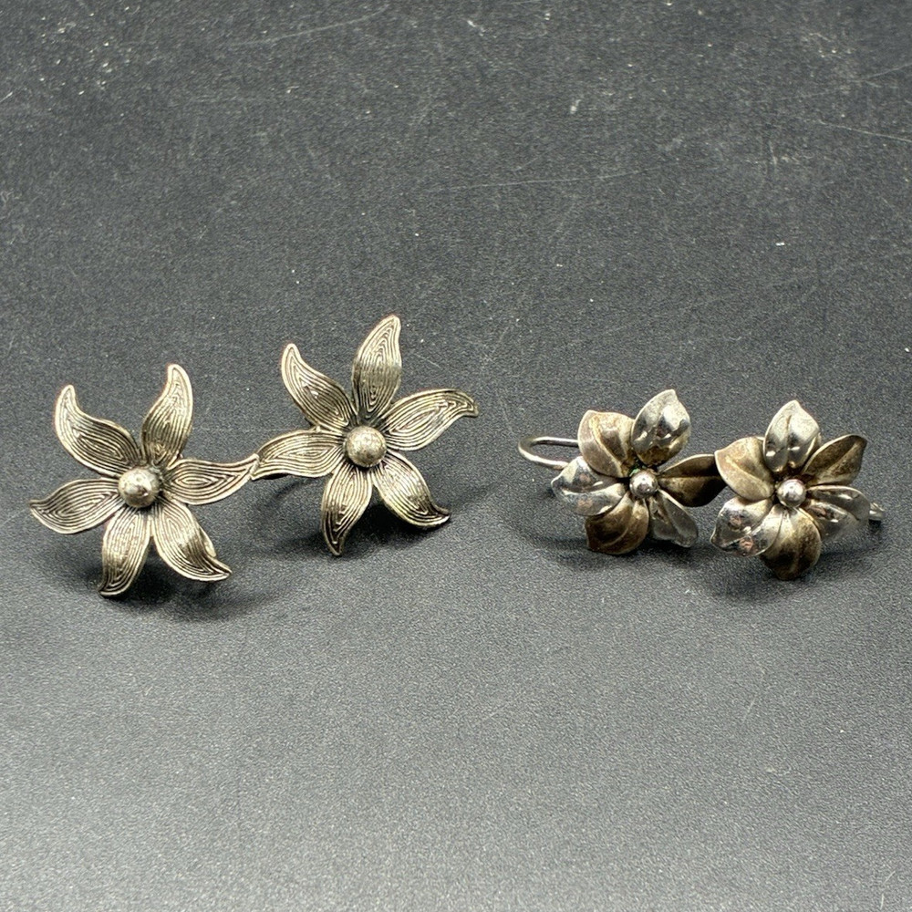 Vintage Sterling Silver 925 Flower Stud Earrings Screw Back Closure No Stone
