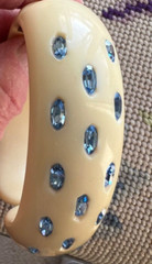 Art Deco Unbranded Celluoid Clamper Bracelet 14 Blue Rhinestones~Ivory Color