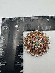 Vintage Rhinestone Brooch Gold Tone Pink Blue Pearl Sunburst Flower Pin 1950s