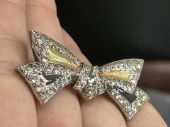 Art Deco Bow Silvertone Clear Rhinestones Enamel Antique Trombone Clasp Brooch