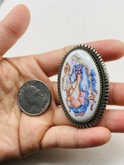Vintage Silver Tone Russian Finift Hand Painted Porcelain The Snow Maiden Brooch