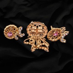 Vtg M&S Pink Gold Filled 1/20 12k Pink Rhinestone Brooch Earrings Pin Set