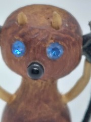 Vintage Miniature Wood Leather Devil Mouse ? Blue Crystal Eye Pin Brooch