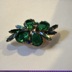 Vintage Green Flower Pearcut Large Center Rhinestone Framed by Navette