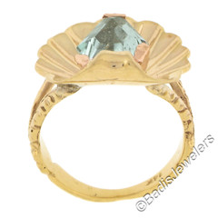 Retro Rosy Yellow Gold Unique Shape Aquamarine in Scalloped Shell Split Ring