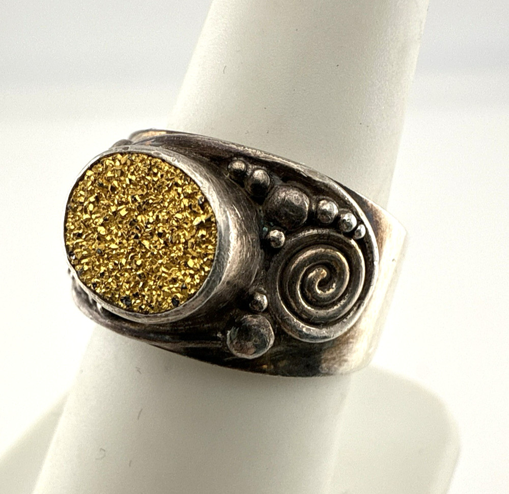 Sajen Sterling Silver Ring Adjustable Drusy Druzy Quartz Gold 925 7.75 – 9.75