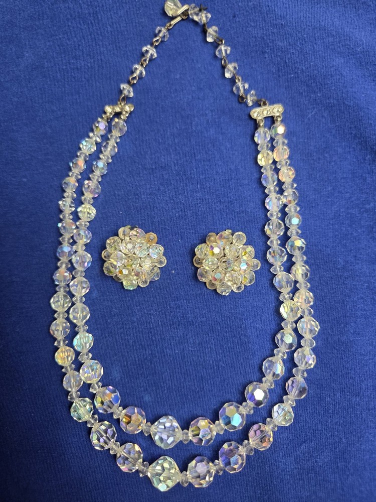 Vintage Aurora Borealis 2 Stranded Crystal Necklace & Clip On Earrings Set