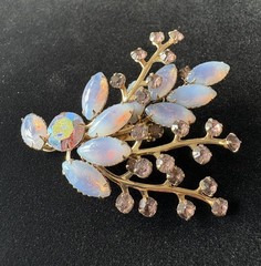 Vintage Unsigned Gold Tone Brooch Opalescent Jelly Navette AB Rhinestone Pin