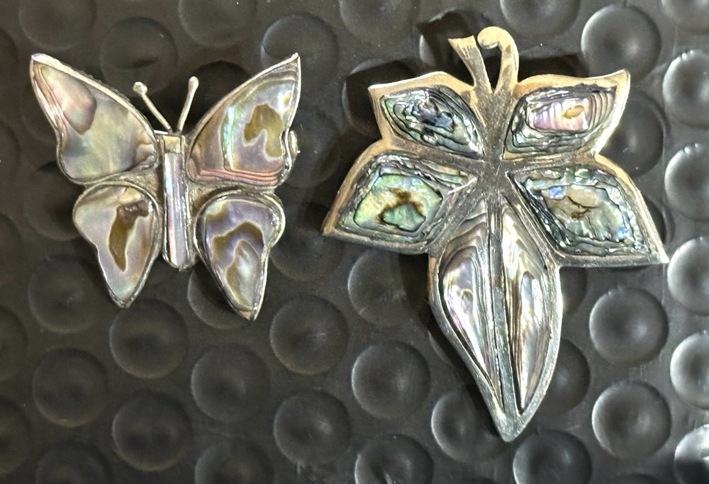 Vintage Alpaca MEXICO Abalone Shell Inlay BUTTERFLY & LEAF Brooches /Pins VGC