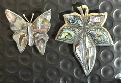 Vintage Alpaca MEXICO Abalone Shell Inlay BUTTERFLY & LEAF Brooches /Pins VGC