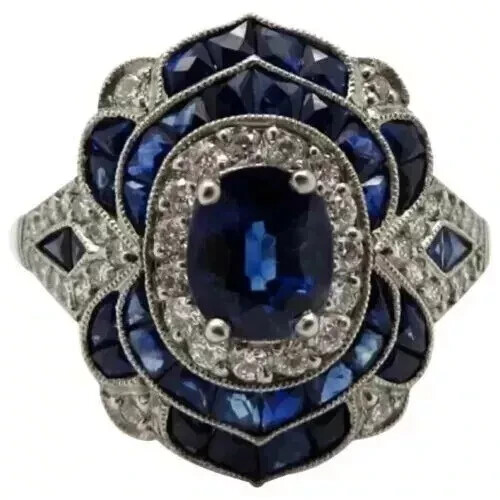Art Deco Vintage Sapphire Lab Created Diamond 14K White Gold FN Engagement Ring