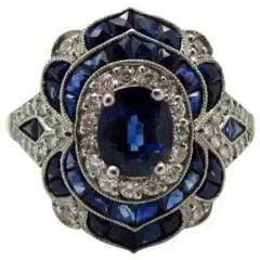 Art Deco Vintage Sapphire Lab Created Diamond 14K White Gold FN Engagement Ring