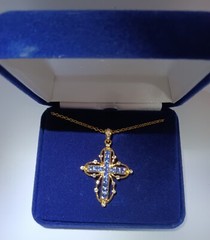 Simulated Ceylon Sapphire Cross Necklace Camrose and Kross Jacqueline Kennedy