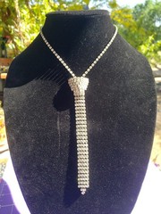 VTG Silvertoned Neck Tie Shaped Necklace Pave Rhinestones 14″ Chain 5.5″Drop