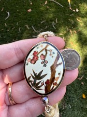 Vintage Asian Cloisonné Floral Tassel Pendent On Cream cord Necklace 30” Estate