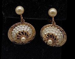 Vintage Pinwheel Faux Pearl Drop Screw Back Earrings Dangle Etched Gold Plated