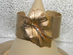 Vintage Judy Lee Leaf and Rhinestone Cuff Bracelet Goldtone
