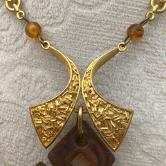 Quatrefoil Pendant Necklace Amber Color Lucite Metal Textured & Beaded Chain