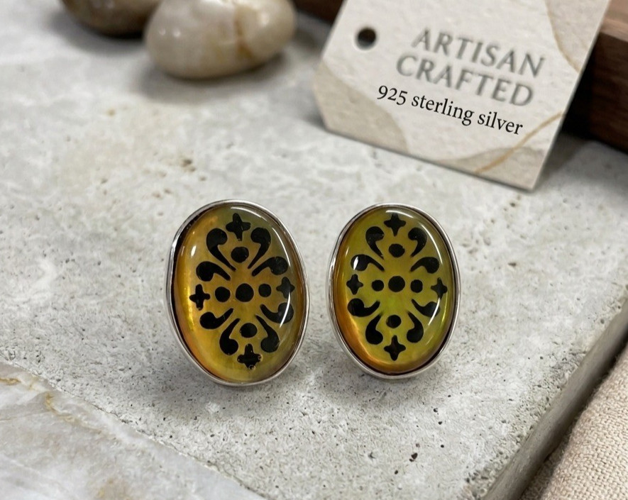 Vintage 925 Sterling Silver Yellow Damask Stud Earrings, 1990’s statement