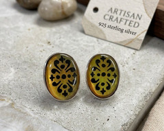 Vintage 925 Sterling Silver Yellow Damask Stud Earrings, 1990’s statement