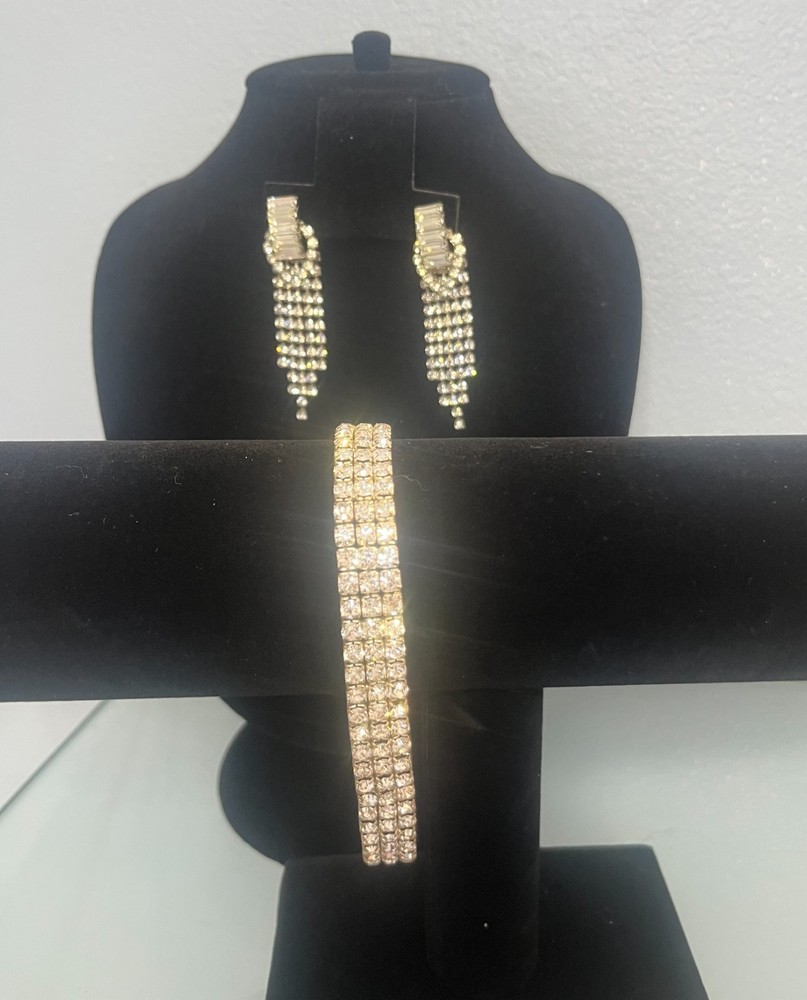 Vintage Rhinestone Cascade Pierced Earrings & 3-Row Stretch Bracelet Set